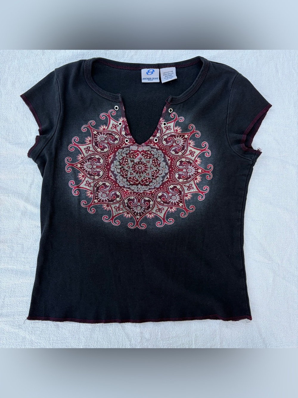 Vintage Y2K Anchor Blue Black Lace Up Mandala Graphic Baby Tee Grunge Streetwear